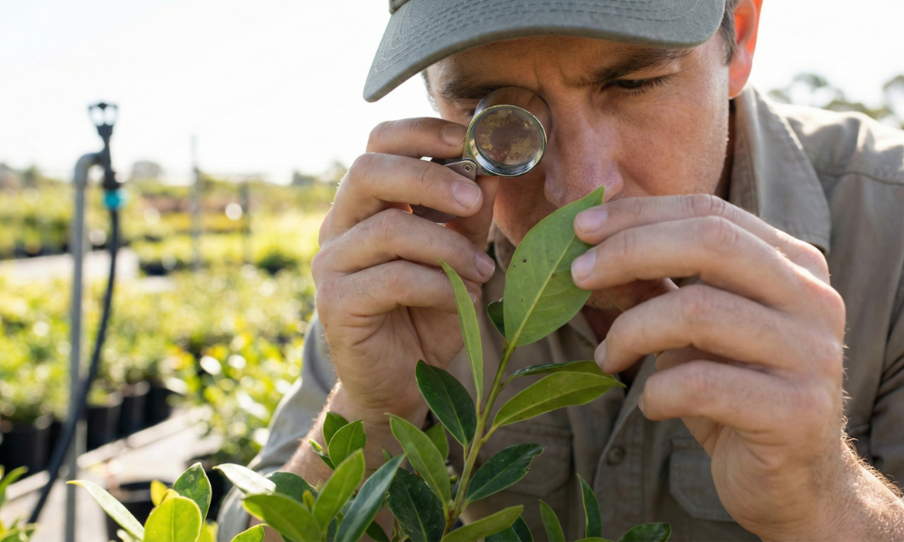 Commercial Nursery Manager inspecting for mites