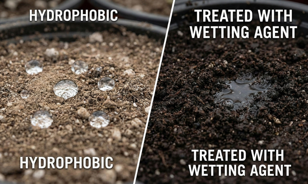 Hydrophobic soil - before v after wetting agent application.